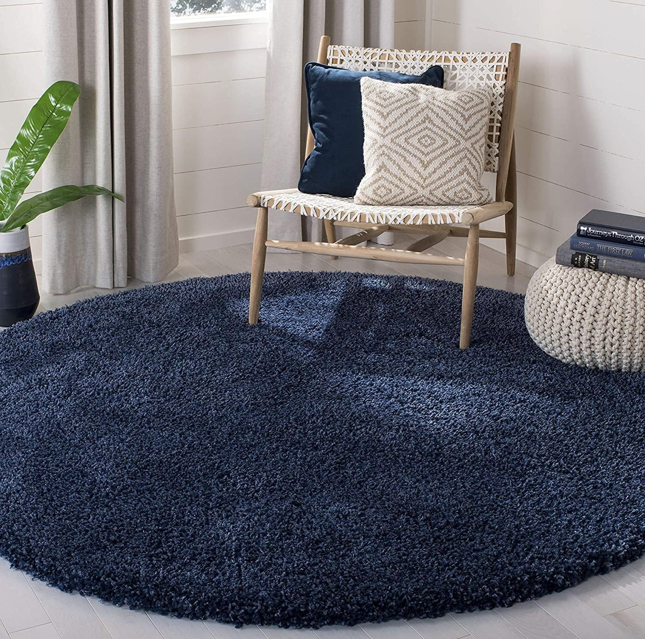 Navy Blue Handcrafted Round Solid Microfiber Plush Anti Skid Shaggy Carpet