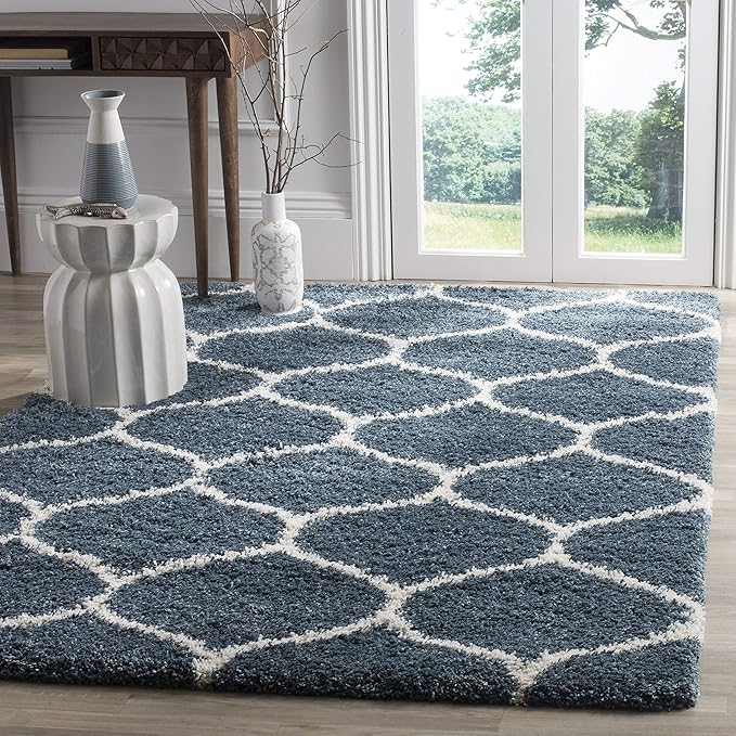 Slate Blue & Ivory Handcrafted Super Soft Microfiber Moroccan Shaggy Carpet