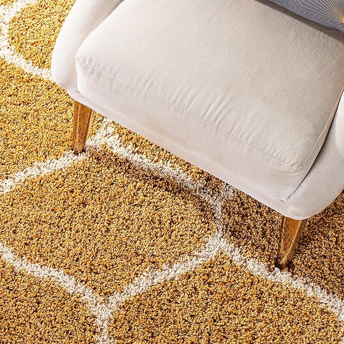 Mustard Yellow & Ivory Handcrafted Super Soft Microfiber Moroccan Shaggy Carpet