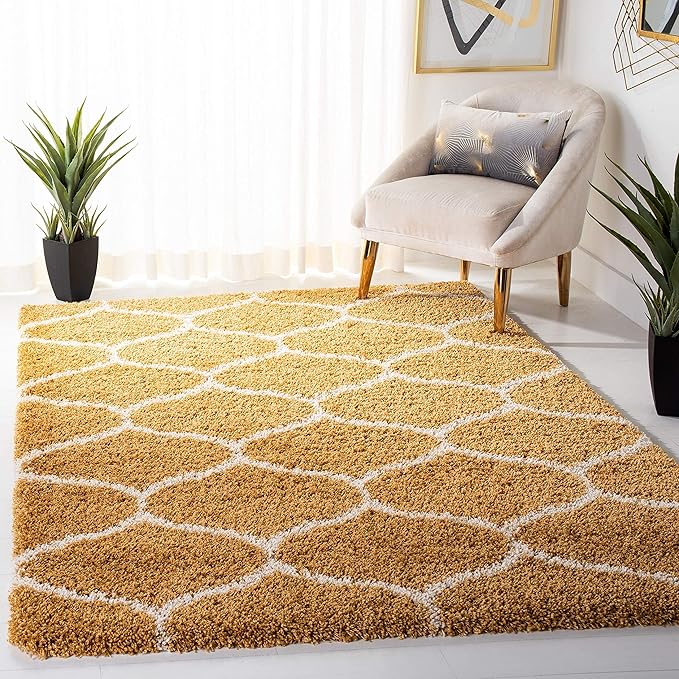 Mustard Yellow & Ivory Handcrafted Super Soft Microfiber Moroccan Shaggy Carpet