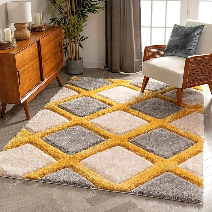 Beige Yellow Handcrafted Microfriber Fluffy Geometric Shaggy Carpet