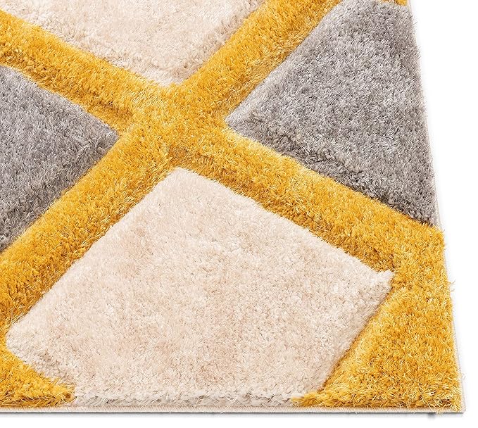 Beige Yellow Handcrafted Microfriber Fluffy Geometric Shaggy Carpet