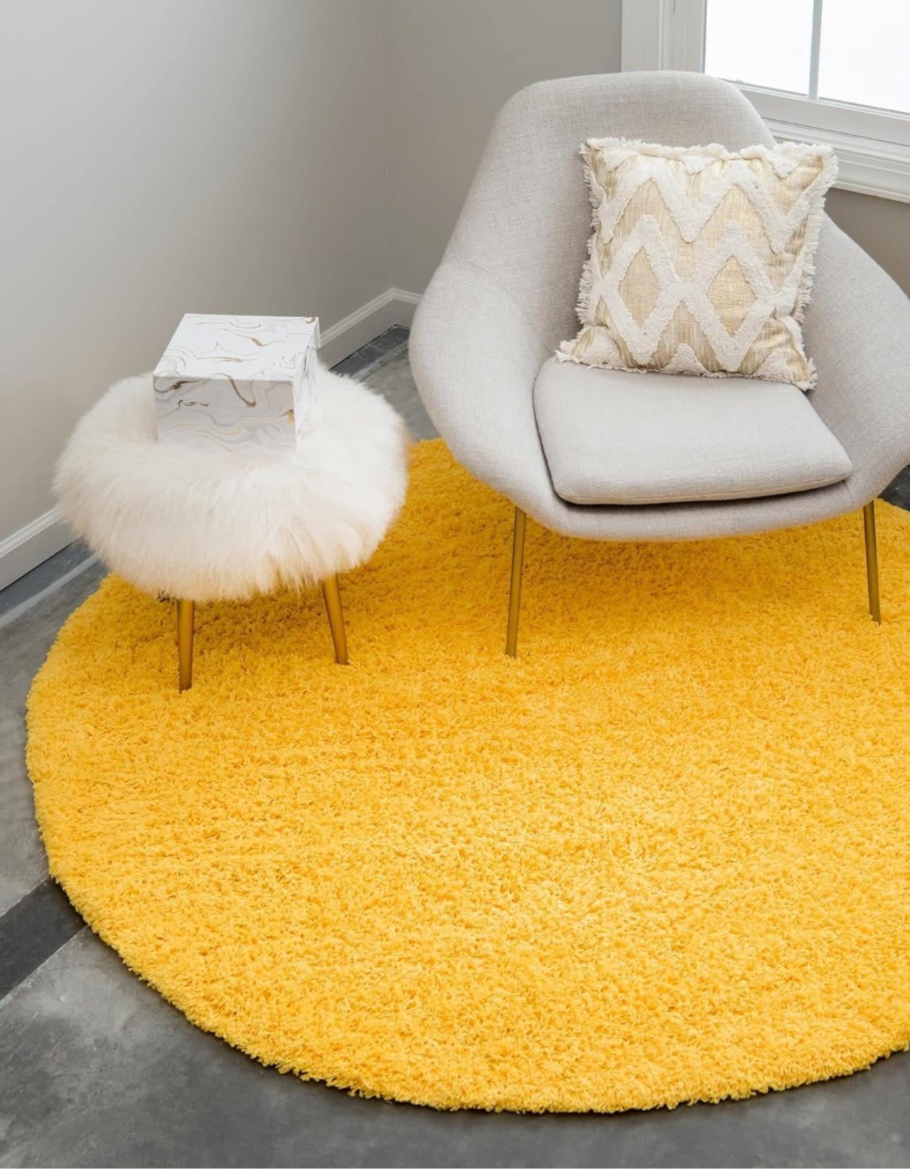 Yellow Handcrafted Round Solid Microfiber Plush Anti Skid Shaggy Carpet