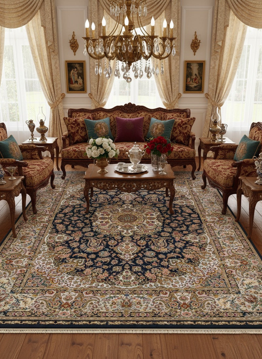 Noor Iranian Imported Navy Blue Rug 1500 Reeds