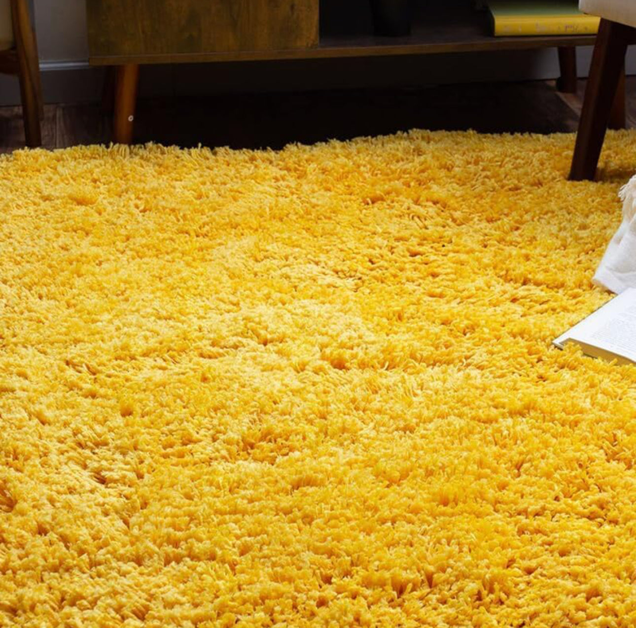 Yellow Handcrafted Round Solid Microfiber Plush Anti Skid Shaggy Carpet