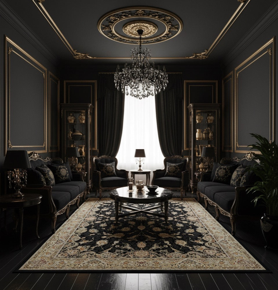 Malak Navy Blue & Gold Iranian Imported Silk Blend Rug 1500 Reeds