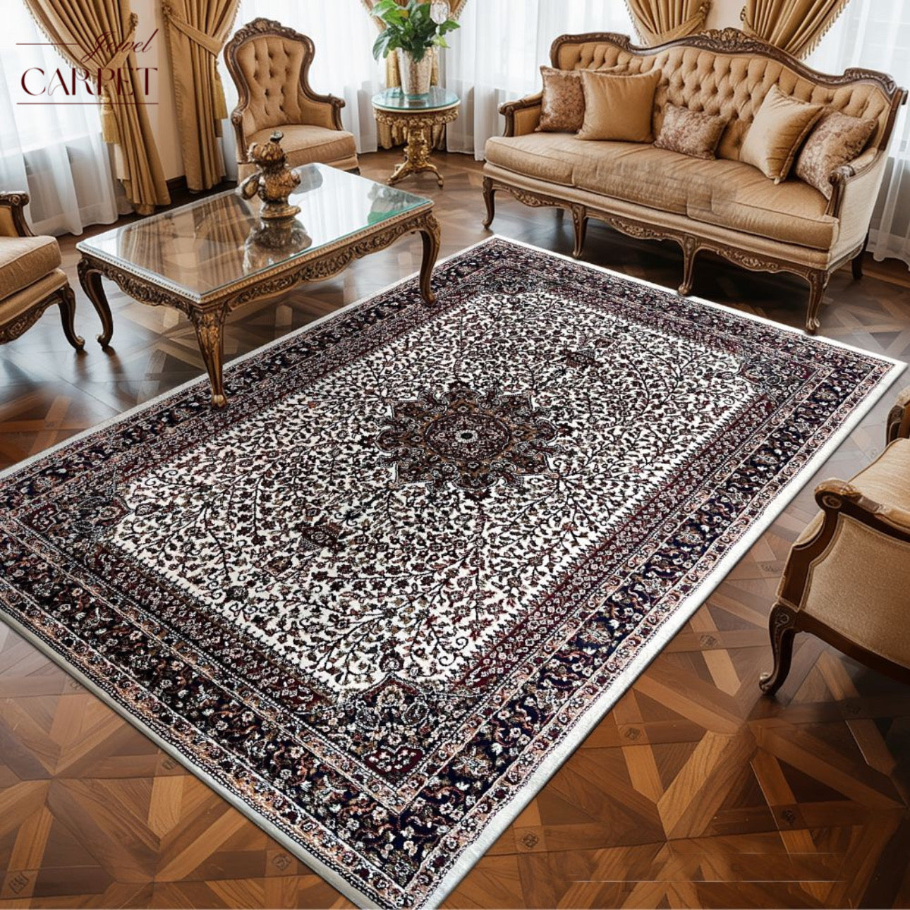 स्वर्ण कश्मीरी ऊन पारंपरिक कश्मीरी कालीन