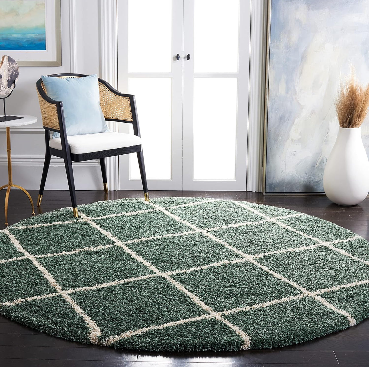 Green Round Trellis Microfiber Super Soft Anti Skid Shaggy Rug