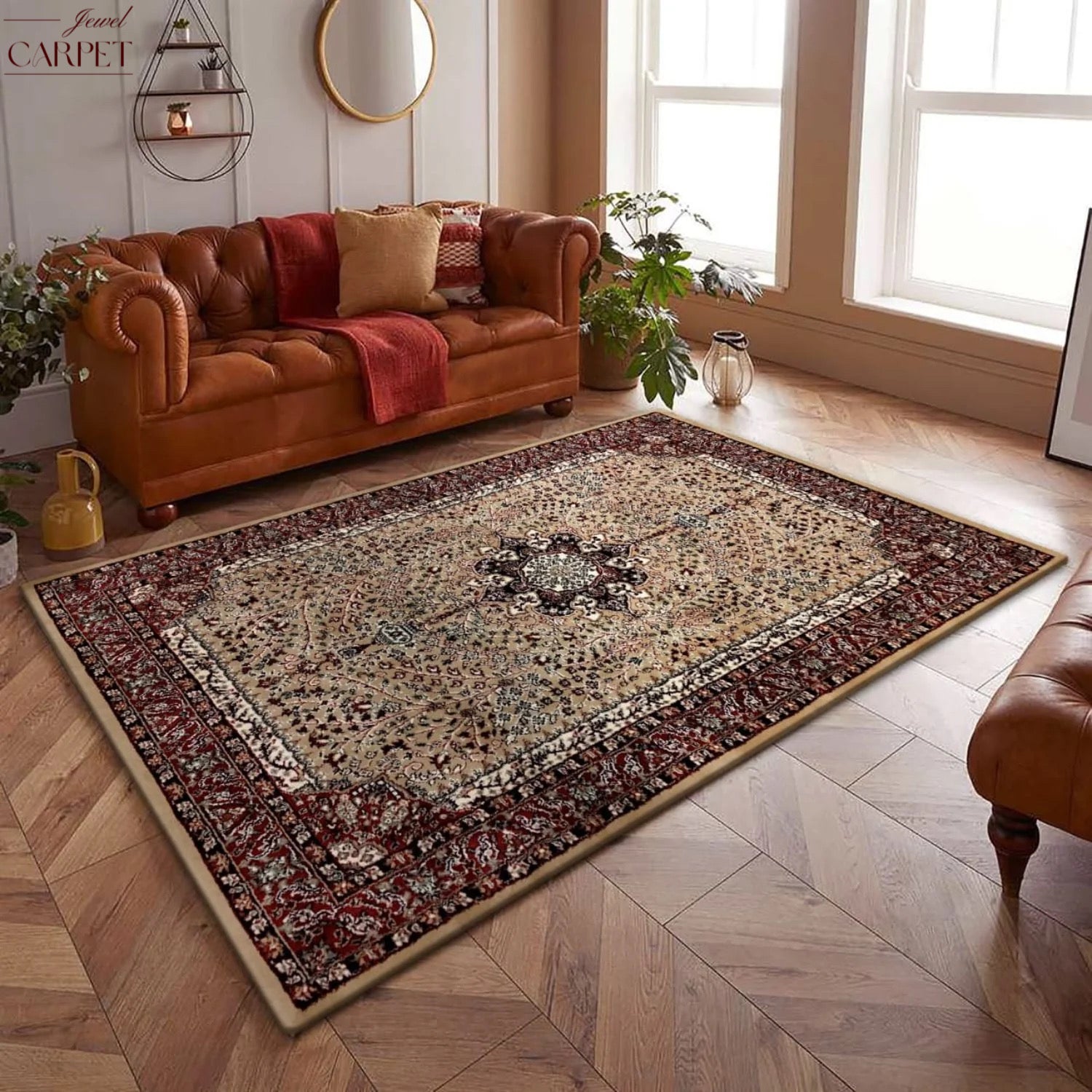 Beige Persian Wool Traditional Heavy Anti Skid Carpet For Living Room & Bed Room