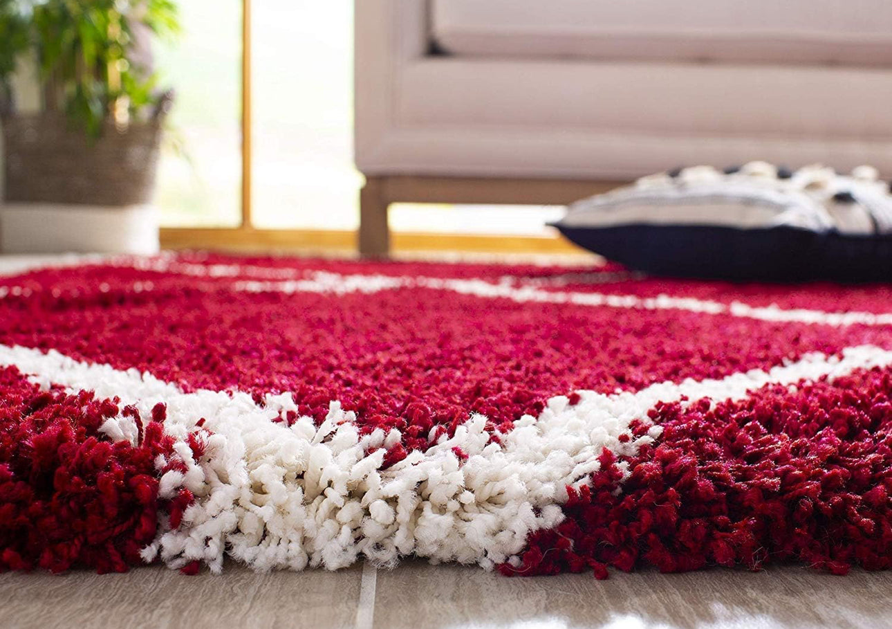 Maroon Round Trellis Microfiber Super Soft Anti Skid Shaggy Rug