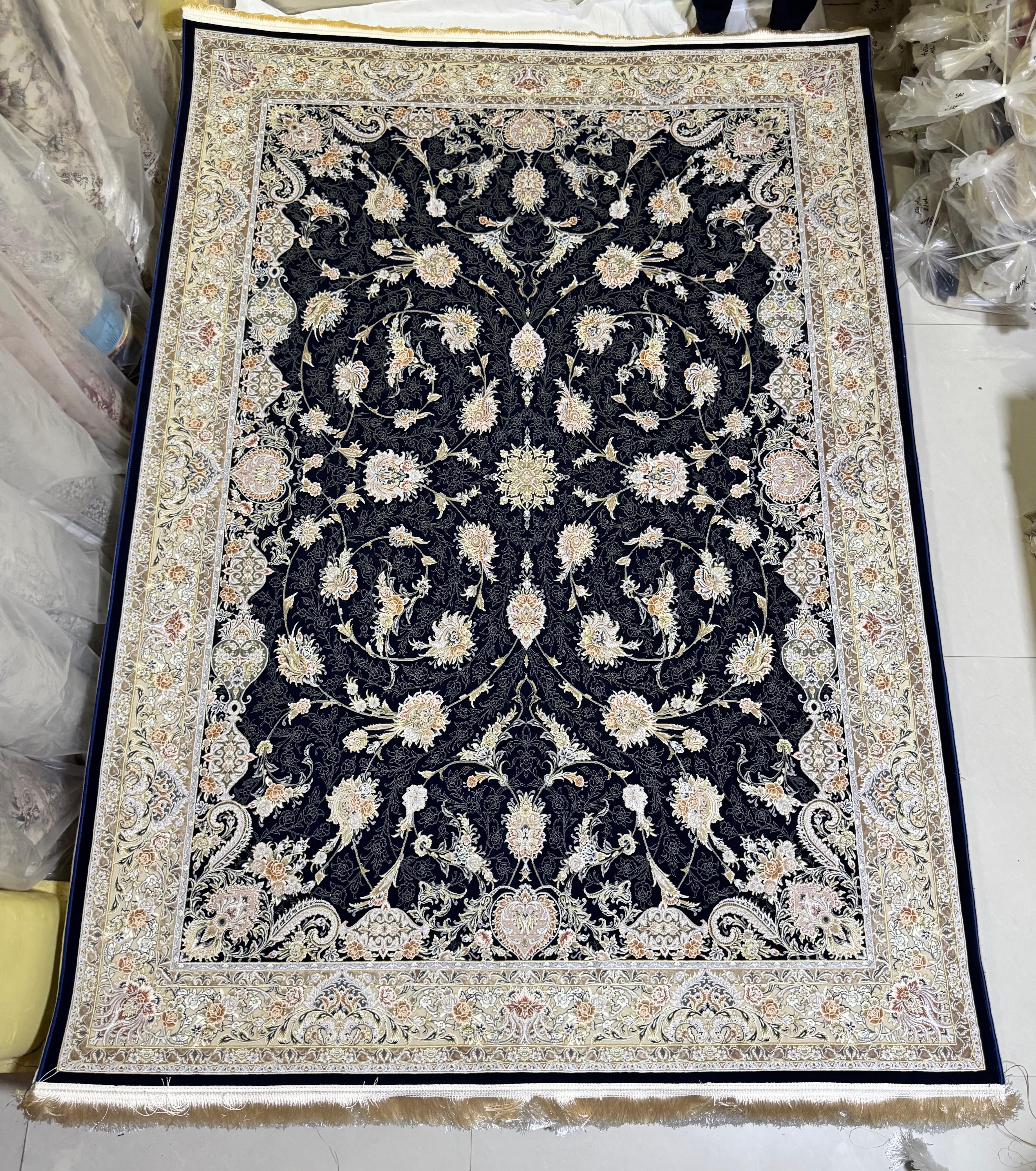 Malak Navy Blue & Gold Iranian Imported Silk Blend Rug 1500 Reeds