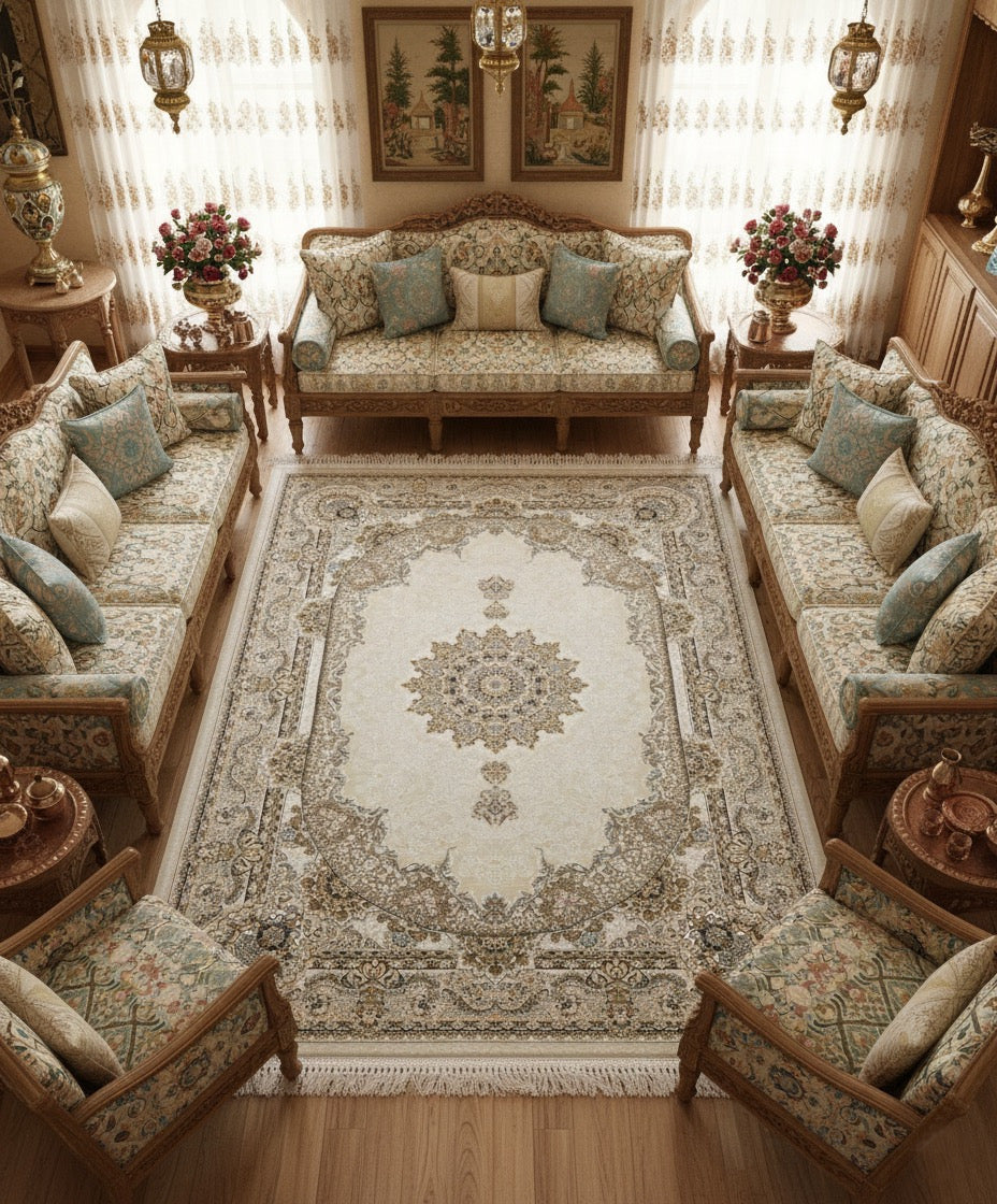 Aleesya Iranian Imported Cream Silk Blend Rug 1500 Reeds