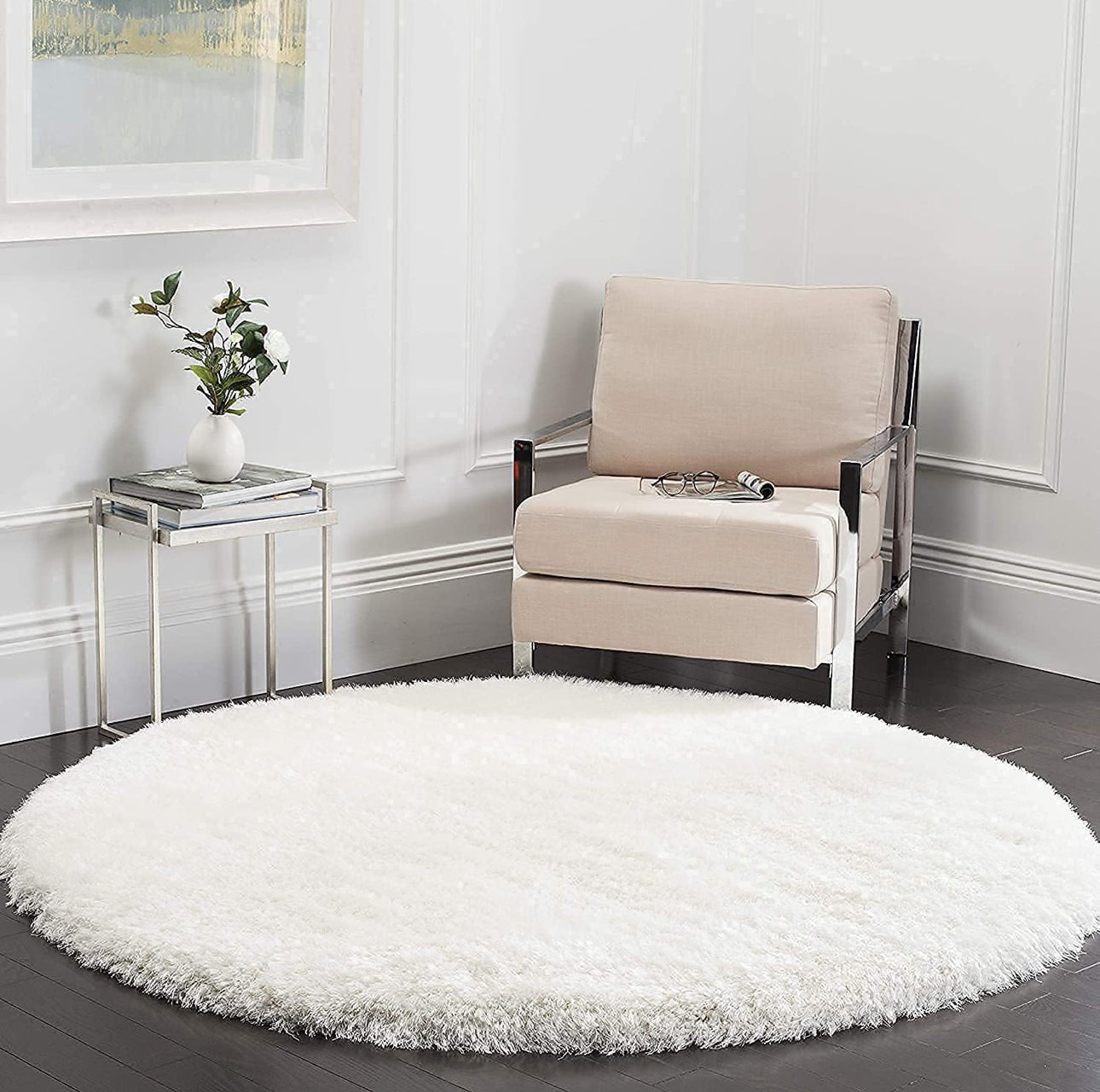 Pure White Handcrafted Round Solid Microfiber Plush Anti Skid Shaggy Carpet