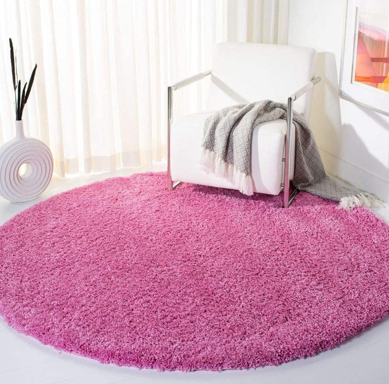 Baby Pink Handcrafted Round Solid Microfiber Plush Anti Skid Shaggy Carpet