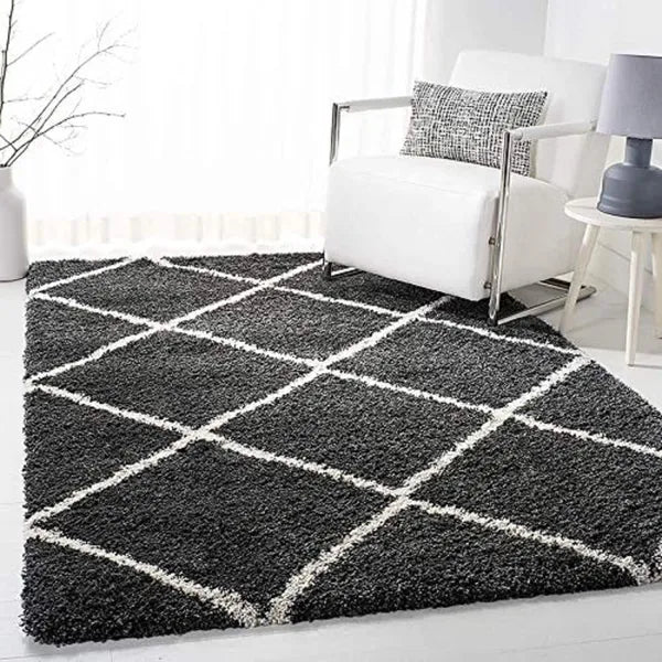 Dark Grey & Ivory Handcrafted Microfiber Super Soft Diamond Trellis High Density Shaggy Carpet