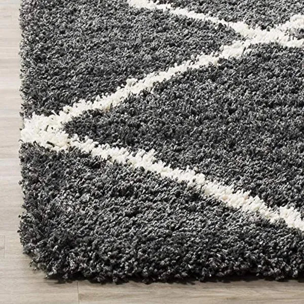 Dark Grey & Ivory Handcrafted Microfiber Super Soft Diamond Trellis High Density Shaggy Carpet