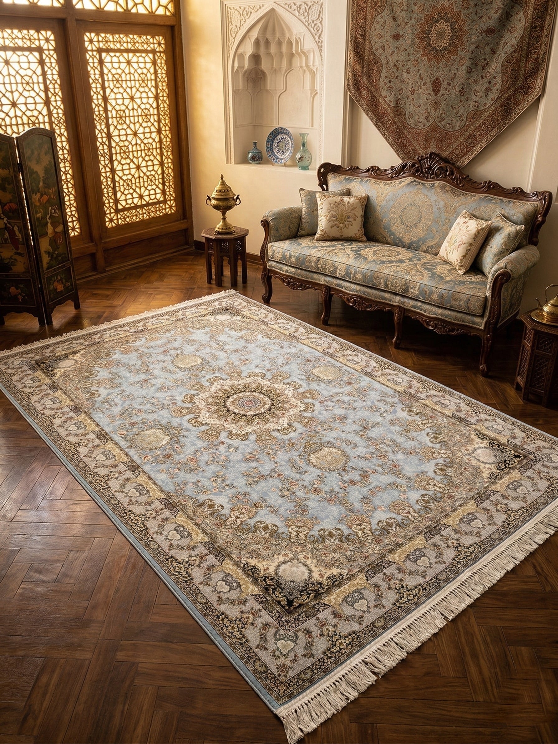 Imported Rugs Ghalia Iranian Imported 1500 Reeds Sea Blue Rug – Jewel Carpet
