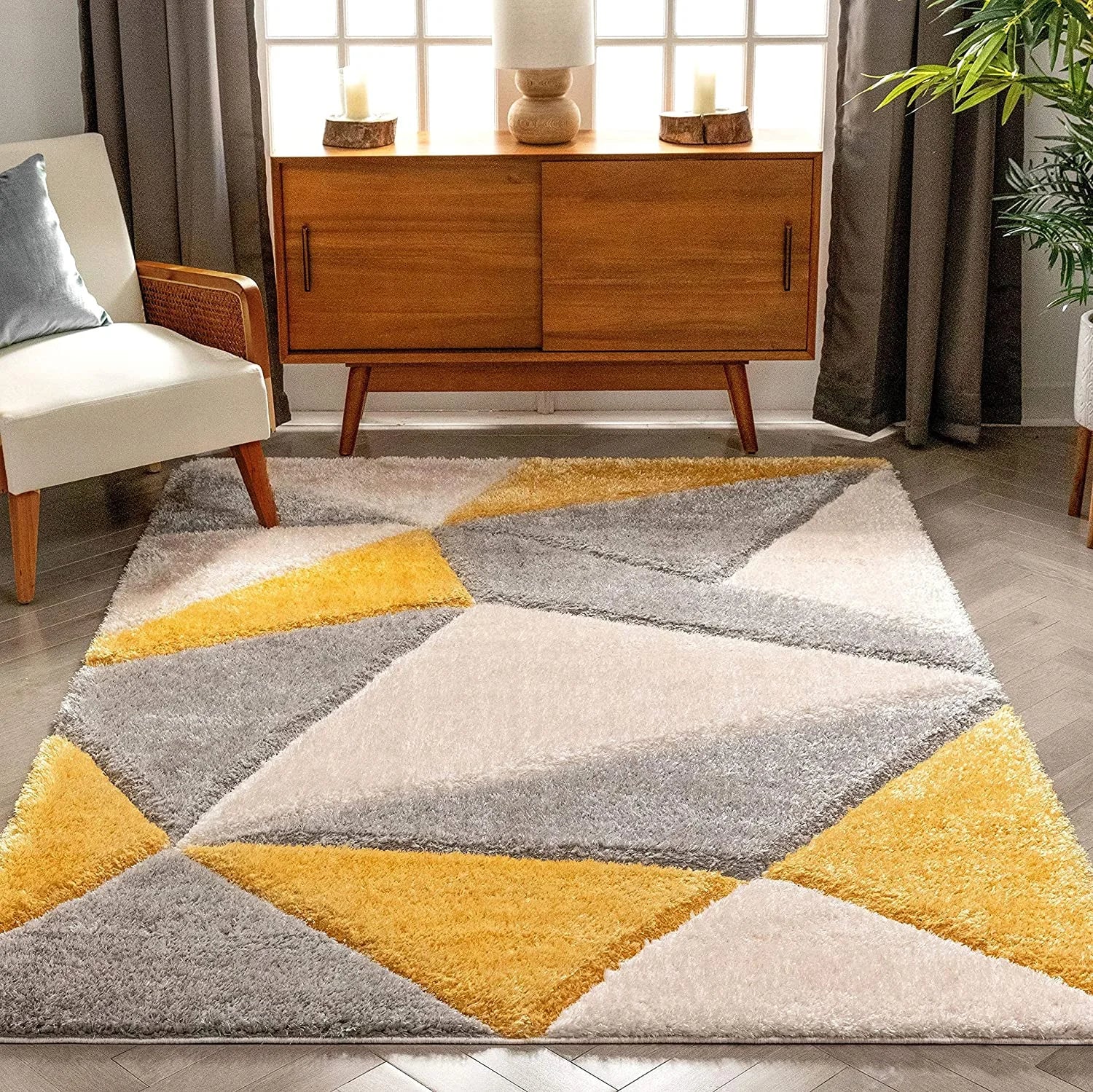 Grey Melange & Yellow Handmade Microfriber Soft & Plush Geometric Shaggy Carpet