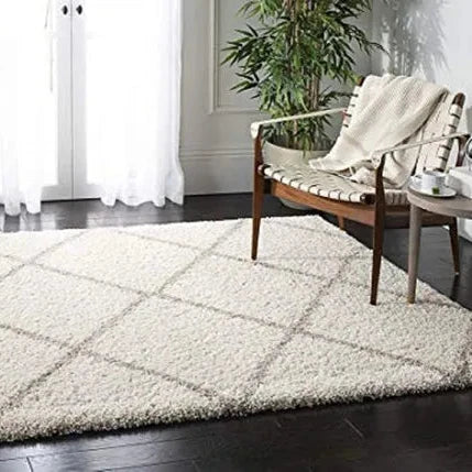 Ivory & Beige Handcrafted Microfiber Super Soft Diamond Trellis High Density Shaggy Carpet