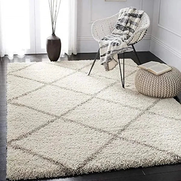 Ivory & Beige Handcrafted Microfiber Super Soft Diamond Trellis High Density Shaggy Carpet