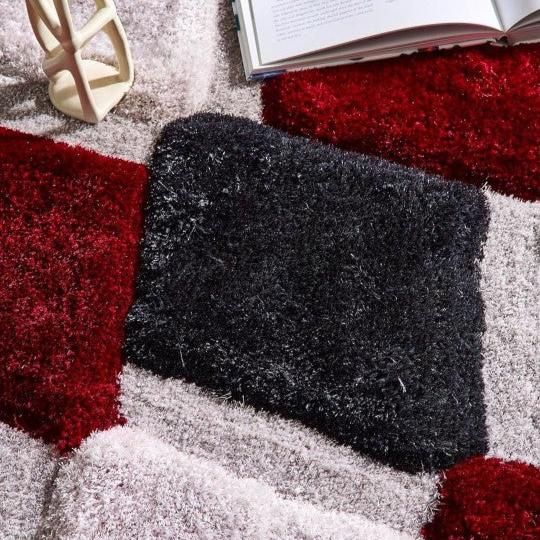 Red & White Handcrafted Microfiber Geometric Ultra Soft Shaggy Carpet