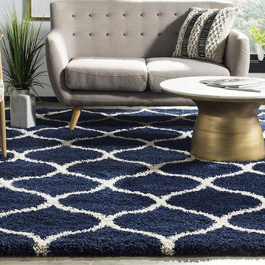 White & Blue Handcrafted Super Soft Microfiber Moroccan Shaggy Carpet