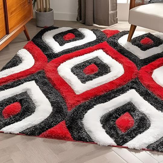 Black & Red Handwoven Microfiber Geometric Super Soft Shaggy Carpet