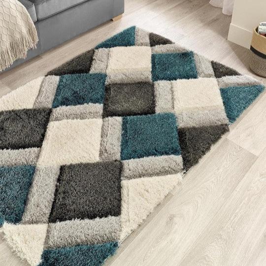 Teal & White Handcrafted Microfiber Geometric Ultra Soft Shaggy Carpet