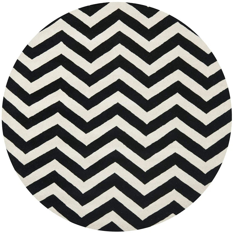 Black & White Zig Zag Round Hand Tufted Rug