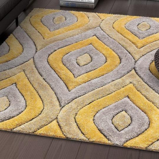 Yellow & Grey Handwoven Microfiber Geometric Super Soft Shaggy Carpet