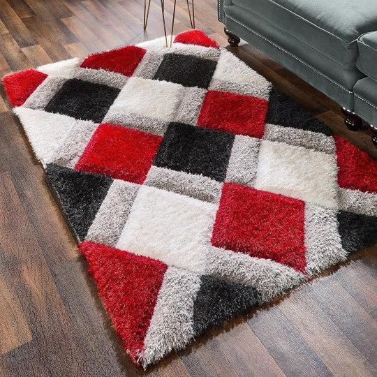 Red & White Handcrafted Microfiber Geometric Ultra Soft Shaggy Carpet