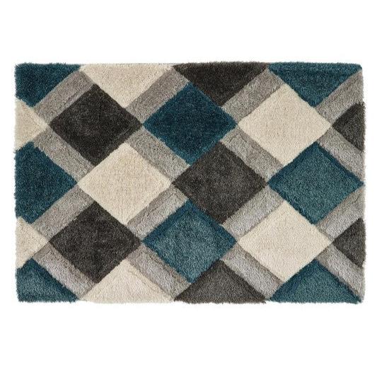 Teal & White Handcrafted Microfiber Geometric Ultra Soft Shaggy Carpet