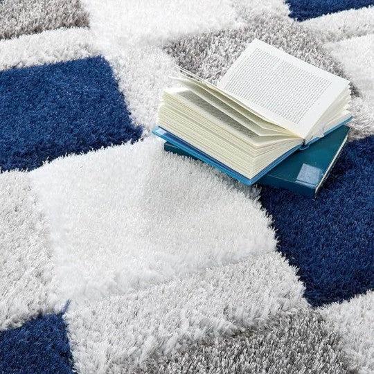 Blue & White Handcrafted Microfiber Geometric Ultra Soft Shaggy Carpet