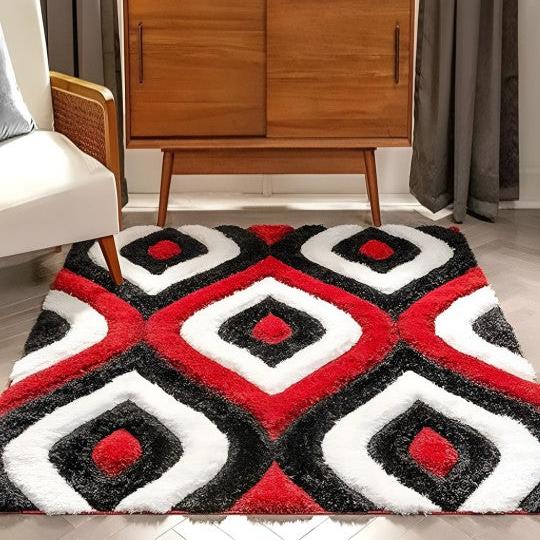 Black & Red Handwoven Microfiber Geometric Super Soft Shaggy Carpet