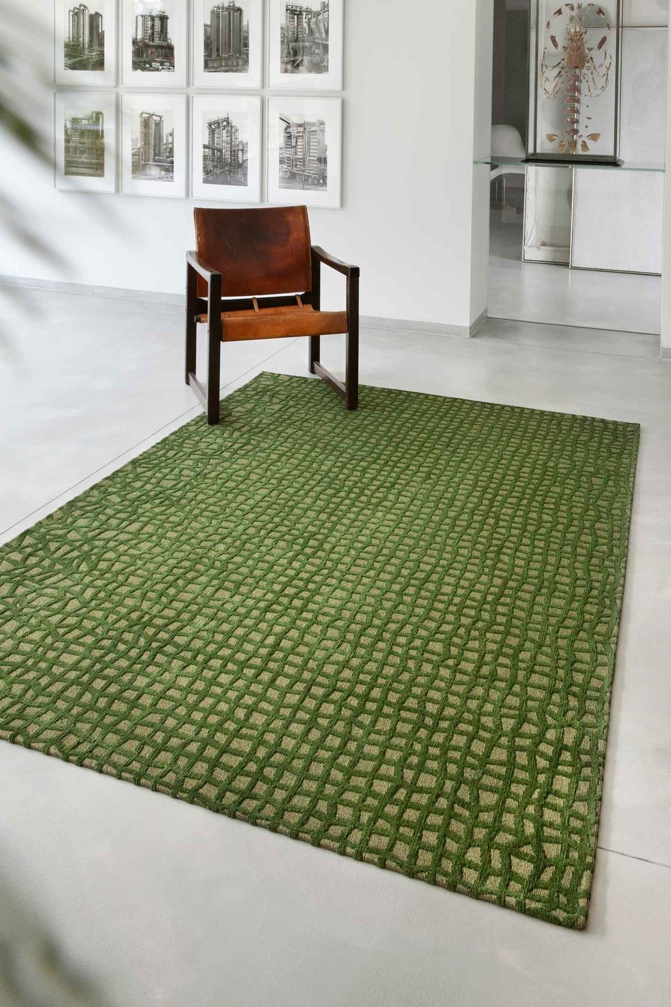 Green Checkered Belgian Hand Tufted Rug