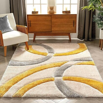 Ivory and Gold Handmade Microfiber Super Soft Geometric Anti Skid Shaggy Carpet