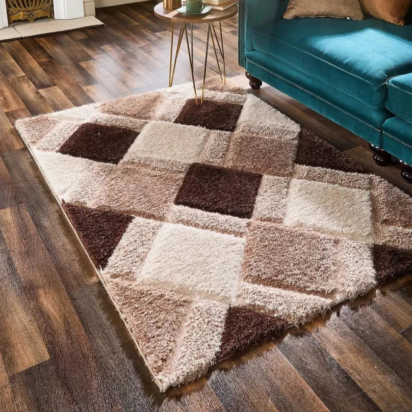 Brown & White Handcrafted Microfiber Geometric Ultra Soft Shaggy Carpet