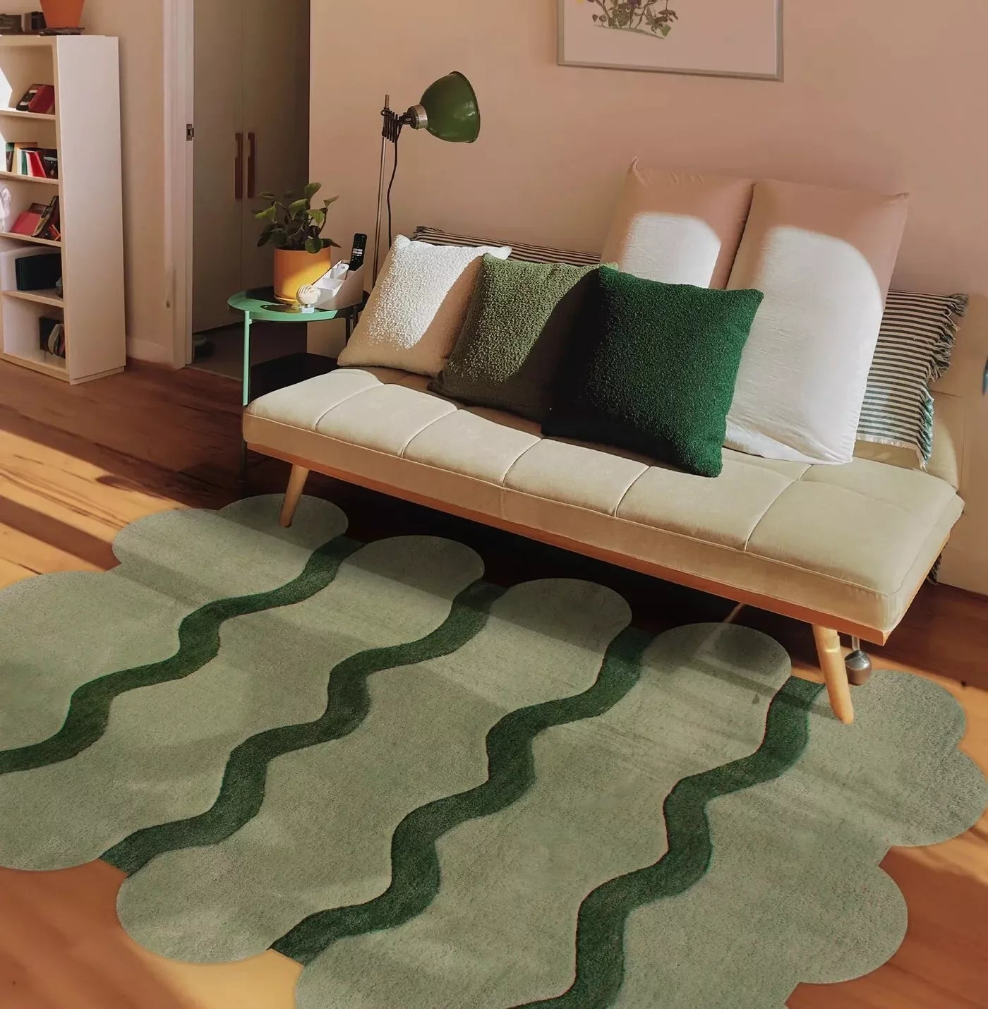 Handmade Modern Scallop Rug Bohemian Green Tufted Rug 100% Wool Carpet