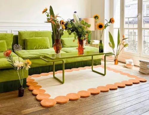 Off-White And Orange Scallop Hand Tufted Anti Skid Rug