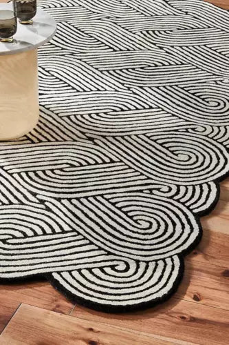 Black & White Bohemian Wool Area Rug Hand Tufted Carpet