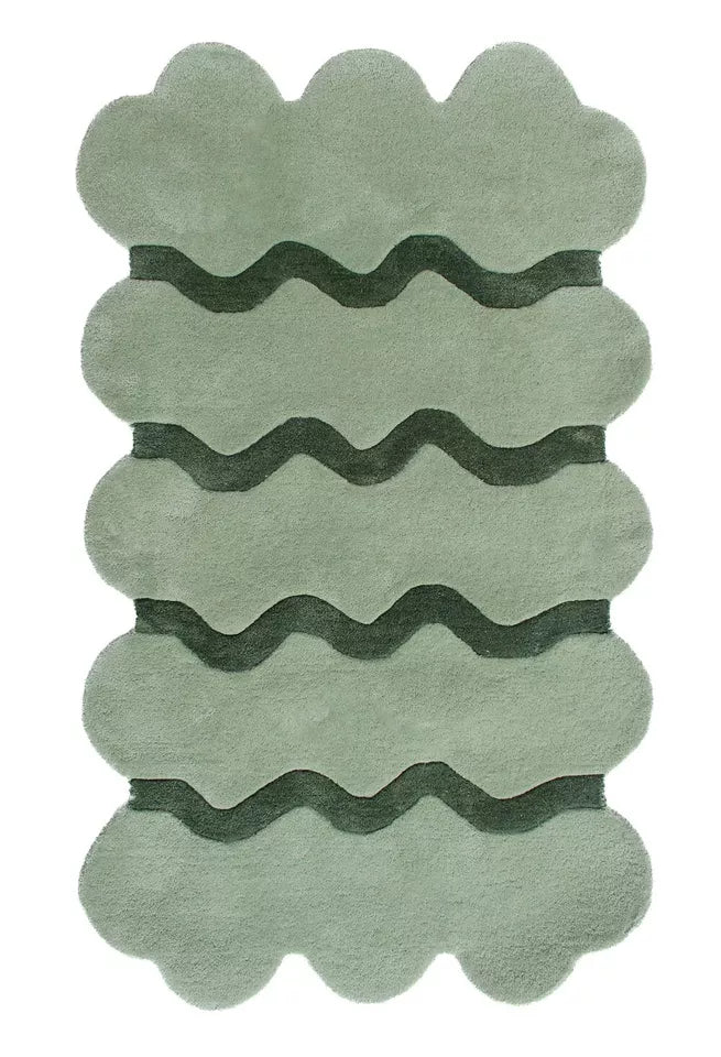 Handmade Modern Scallop Rug Bohemian Green Tufted Rug 100% Wool Carpet