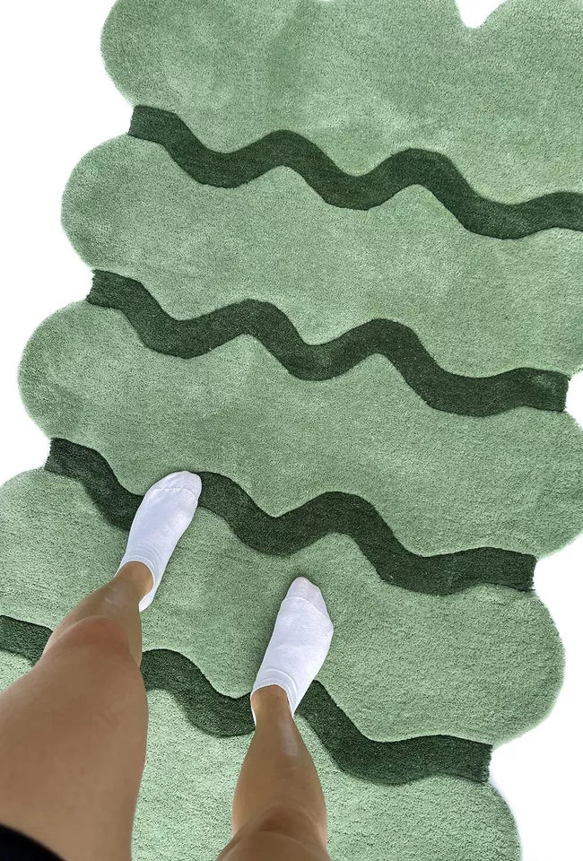 Handmade Modern Scallop Rug Bohemian Green Tufted Rug 100% Wool Carpet